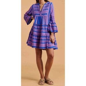 Devotion TWINS Anthropologie ELLA Vibrant Blue & Pink 3/4 Sleeve Tiered Dress